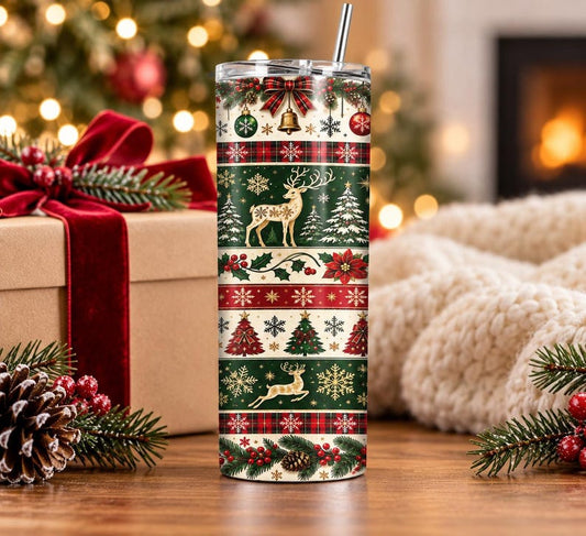 Vintage Reindeer Plaid Tumbler, 20oz Stainless Steel Holiday Cup (Sublimation Design)