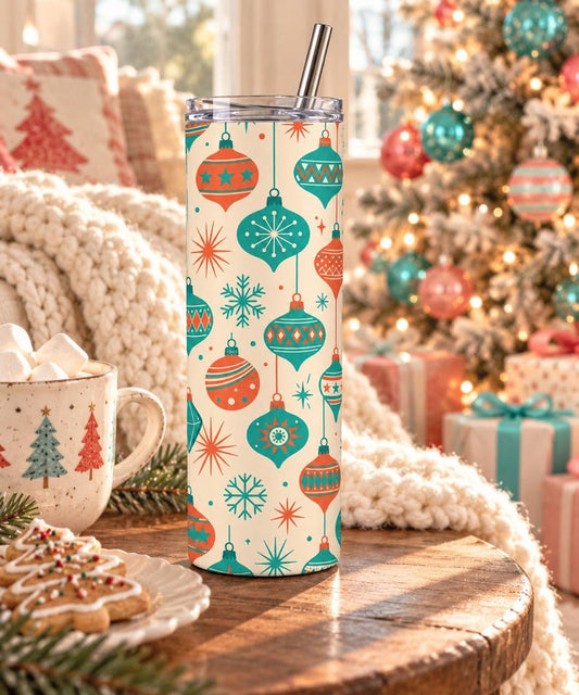 Retro Christmas Ornament Tumbler, 20oz Stainless Steel Skinny Cup (Sublimation Design)
