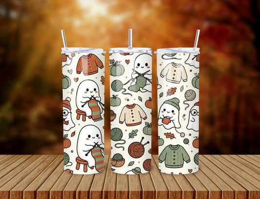 Knitting Ghost Tumbler, Cozy Fall Yarn Lover Gift, 20oz Skinny Cup