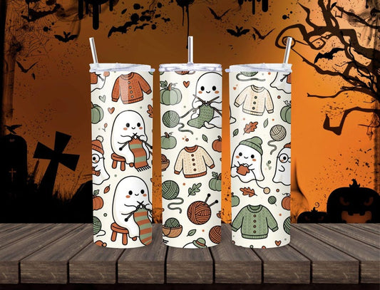 Knitting Ghost Tumbler, Cozy Fall Yarn Lover Gift, 20oz Skinny Cup