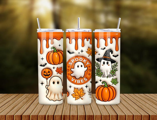 Spooky Vibes 20oz Skinny Tumbler, Ghost Pumpkin Halloween Cup (Sublimation Design)