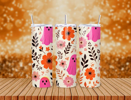 Pink Floral Ghost Tumbler, Retro Halloween 20oz Cup, Sublimation Design
