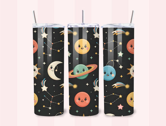20oz Stainless Steel Space Tumbler, Smiling Planets, Stars, Moon (Sublimation Design)