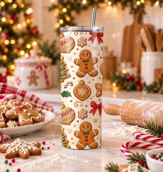 Gingerbread Man Christmas Tumbler, 20oz Holiday Drinkware, Festive Cookie Pattern