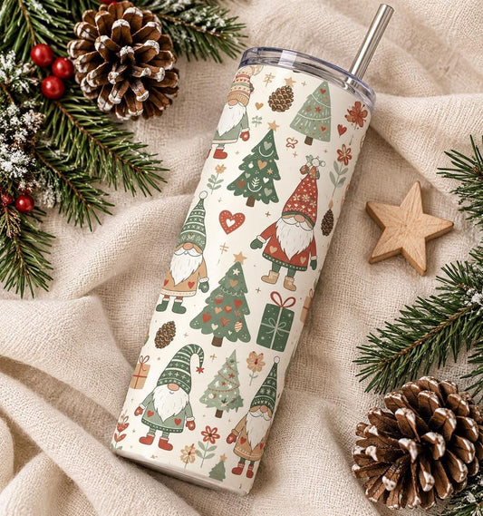 Scandinavian Christmas Gnome Tumbler, 20oz Stainless Steel Skinny Cup (Sublimation Design)