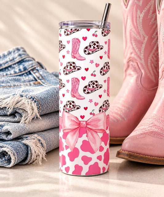 Pink Cowgirl Tumbler, Coquette Western Cup, Cow Print, Cowboy Boots, Cherries, Hearts (20 oz)