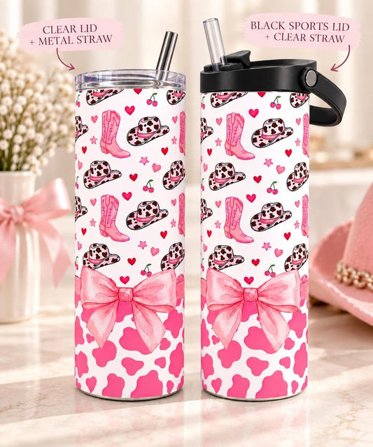 Pink Cowgirl Tumbler, Coquette Western Cup, Cow Print, Cowboy Boots, Cherries, Hearts (20 oz)