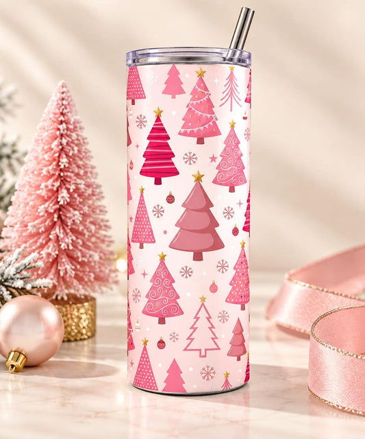 Pink Christmas Tree Tumbler, 20 oz Stainless Steel Holiday Cup (Sublimation Design)