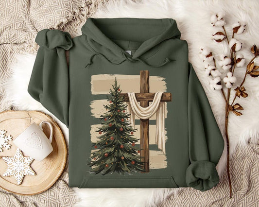 Christian Faith Christmas Hoodie, Wooden Cross Christmas Tree Hoodie, Religious Xmas Holiday Graphic Pullover, Jesus Christmas Top