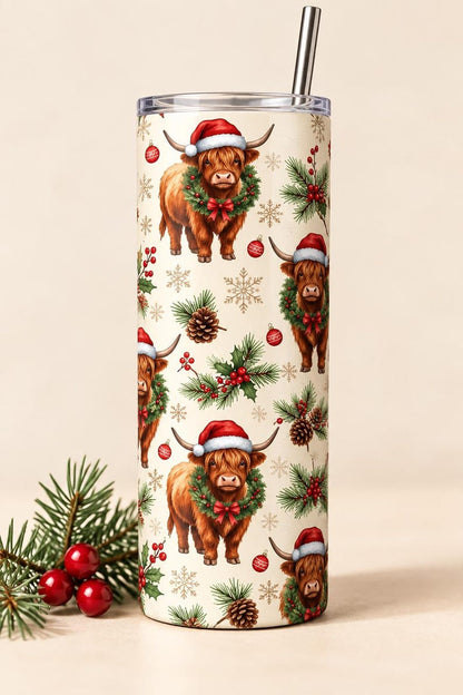 Highland Cow Christmas Tumbler, 20 oz Skinny Tumbler, Christmas Cow Cup, Highland Cow