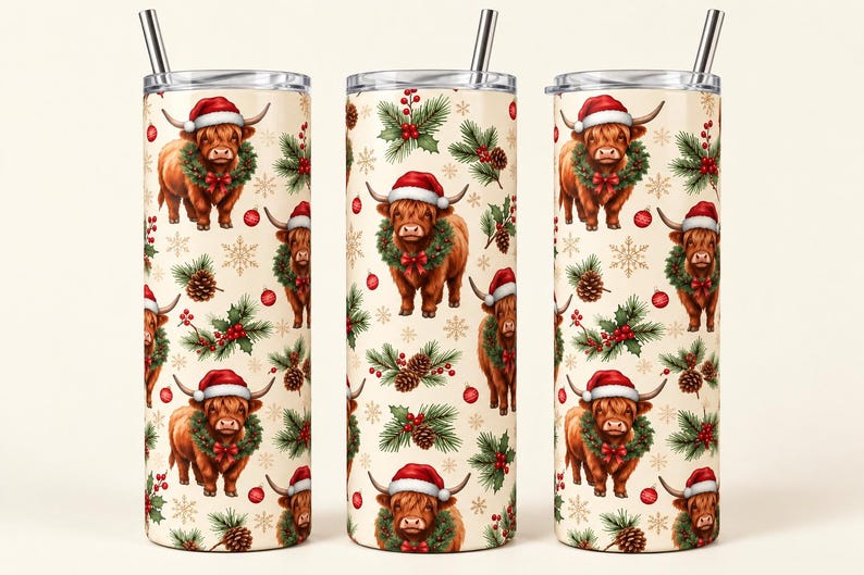 Highland Cow Christmas Tumbler, 20 oz Skinny Tumbler, Christmas Cow Cup, Highland Cow