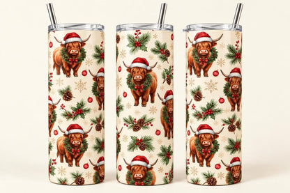 Highland Cow Christmas Tumbler, 20 oz Skinny Tumbler, Christmas Cow Cup, Highland Cow