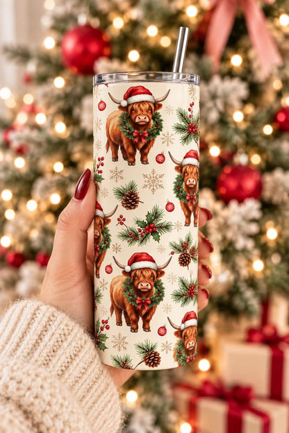 Highland Cow Christmas Tumbler, 20 oz Skinny Tumbler, Christmas Cow Cup, Highland Cow