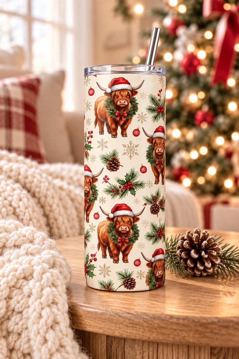 Highland Cow Christmas Tumbler, 20 oz Skinny Tumbler, Christmas Cow Cup, Highland Cow