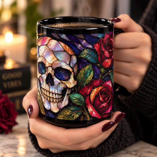 Iridescent Skull & Roses Mug | Gothic Opalescent Stained Glass Coffee Cup (15oz)