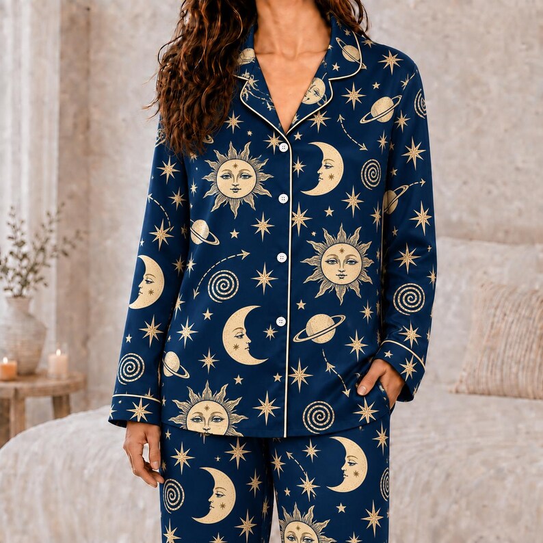 Celestial Moon And Stars Pajama Set, Astrology Sleepwear For Women, Black Galaxy Long Sleeve Loungewear, Cozy Nightwear Gift For Her