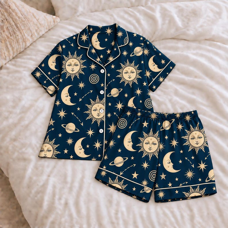 Celestial Moon And Stars Pajama Set, Astrology Sleepwear For Women, Black Galaxy Long Sleeve Loungewear, Cozy Nightwear Gift For Her