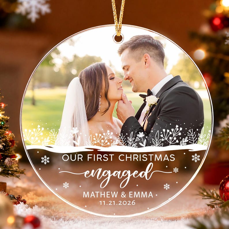 Personalized First Christmas Engaged Ornament, Engagement Photo Keepsake, Gift for Couple