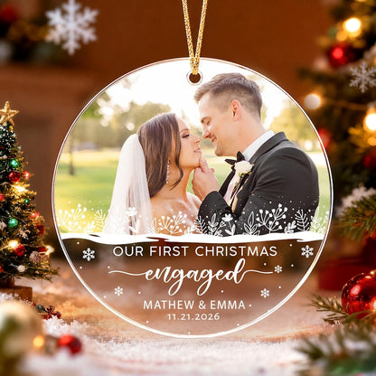 Personalized First Christmas Engaged Ornament, Engagement Photo Keepsake, Gift for Couple