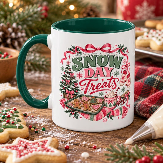 snow day treats mug, christmas hot chocolate cup, cute holiday baking mug, winter cookies coffee mug, 11oz 15oz gift for her