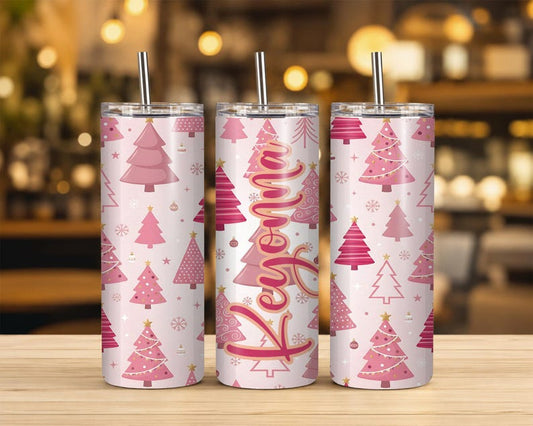 Pink Christmas Tree Tumbler, 20 oz Stainless Steel Holiday Cup (Sublimation Design)