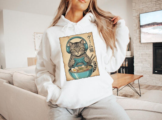 Ramen Gamer Cat Hoodie, Vintage Japanese Anime Cat Hoodie, Video Game Cat Pullover, Japanese Aesthetic Gamer Gift, Noodle Cat