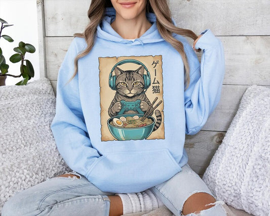 Ramen Gamer Cat Hoodie, Vintage Japanese Anime Cat Hoodie, Video Game Cat Pullover, Japanese Aesthetic Gamer Gift, Noodle Cat