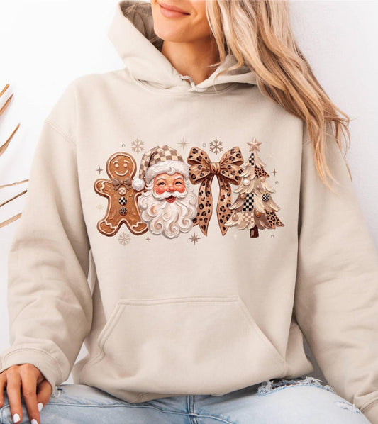 Leopard Christmas Retro Santa Gingerbread Hoodie, Coquette Bow Xmas Tree Top Preppy Santa Claus Gift