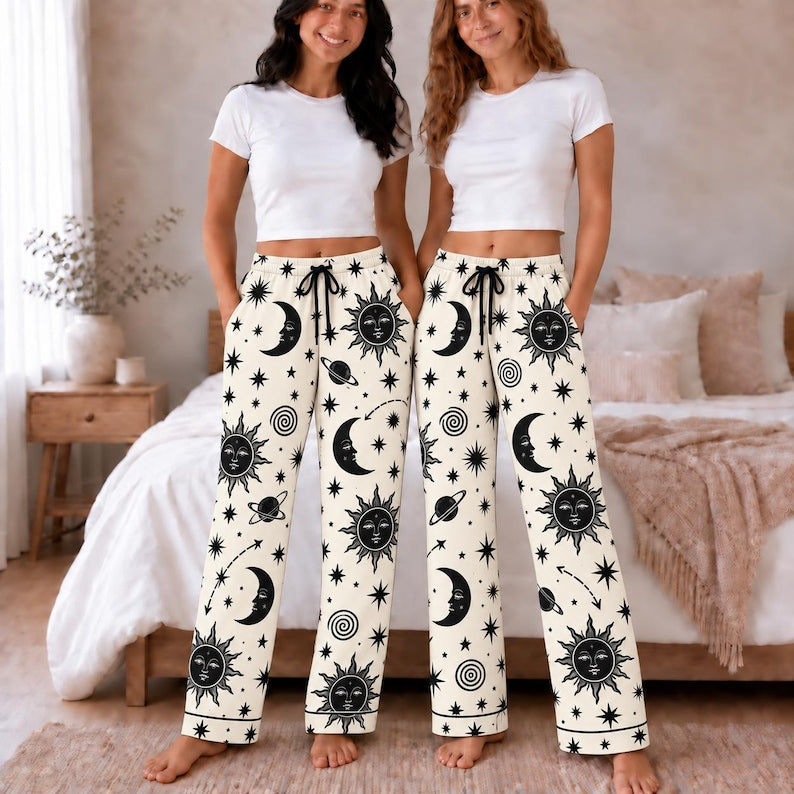 Celestial Moon And Stars Pajama Set, Astrology Sleepwear For Women, Black Galaxy Long Sleeve Loungewear, Cozy Nightwear Gift For Her