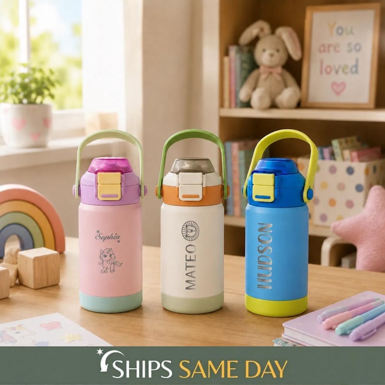 Back to School Gifts, Personalized Kid Water Bottle with Straw, Engraved Kids Name Tumbler [KT02] [R]
