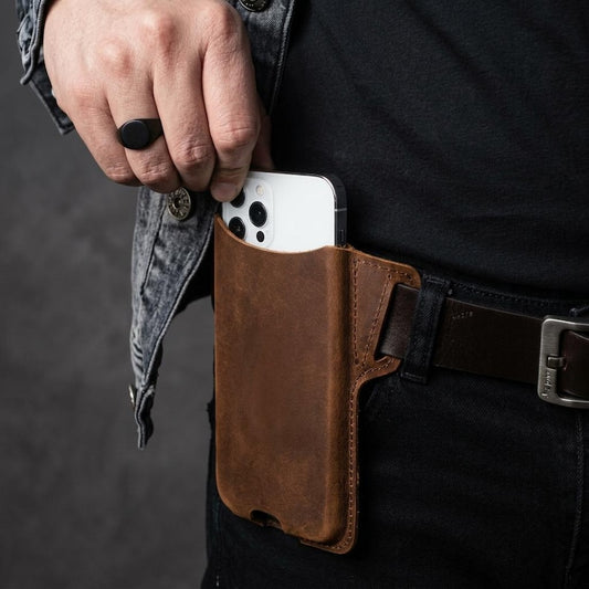 Leather Belt Phone Holster Personalized Cowhide Pouch Custom Engraved Mens Hip Phone Carrier Waist Holster Gift for Him, Man Christmas gift