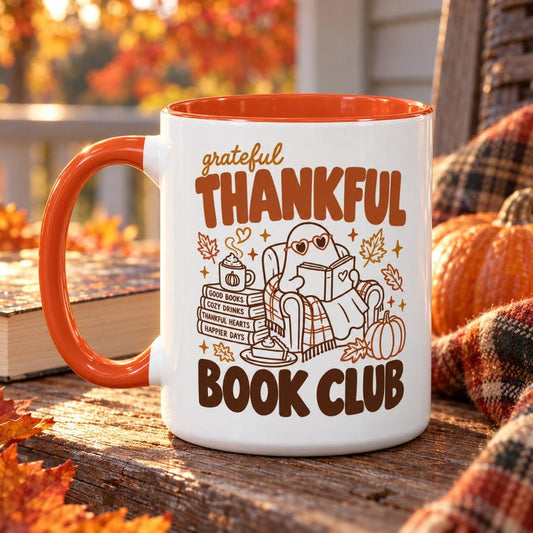 thanksgiving book club mug, grateful thankful coffee cup, fall book lover mug, cozy autumn reading mug, 11oz 15oz gift for her