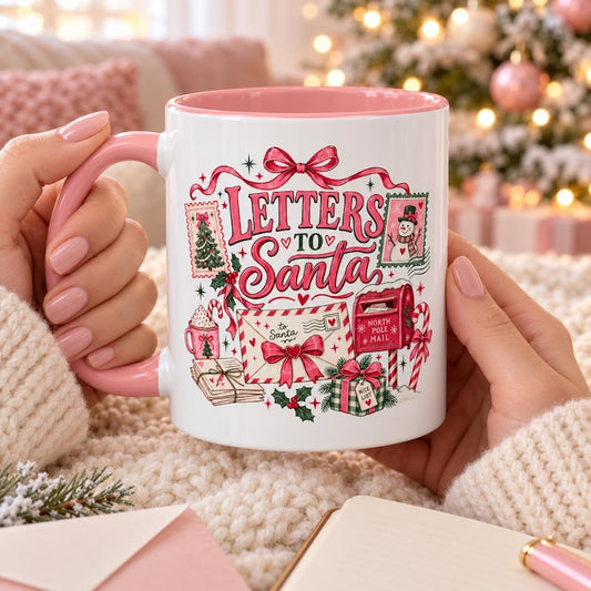 letters to santa mug, christmas coffee cup, santa mail holiday mug, north pole mailbox mug, coquette bow christmas gift for her