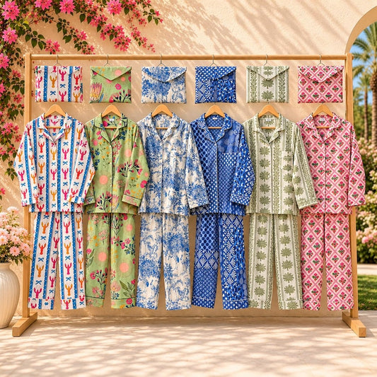 Women Cotton Sleepwear, Block Print PJs, Long Sleeve Loungewear, Boho Nightwear, Gift for Her