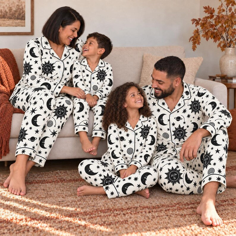 Celestial Moon And Stars Pajama Set, Astrology Sleepwear For Women, Black Galaxy Long Sleeve Loungewear, Cozy Nightwear Gift For Her