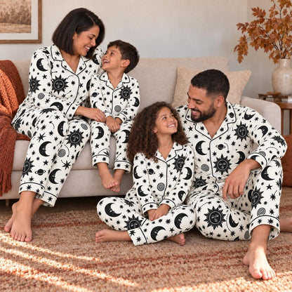 Celestial Moon And Stars Pajama Set, Astrology Sleepwear For Women, Black Galaxy Long Sleeve Loungewear, Cozy Nightwear Gift For Her