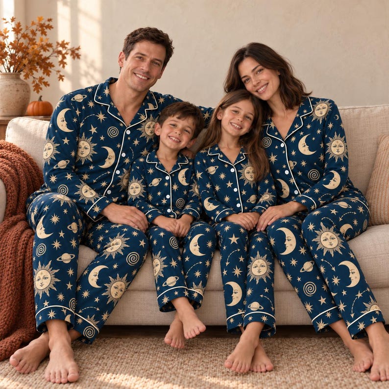Celestial Moon And Stars Pajama Set, Astrology Sleepwear For Women, Black Galaxy Long Sleeve Loungewear, Cozy Nightwear Gift For Her