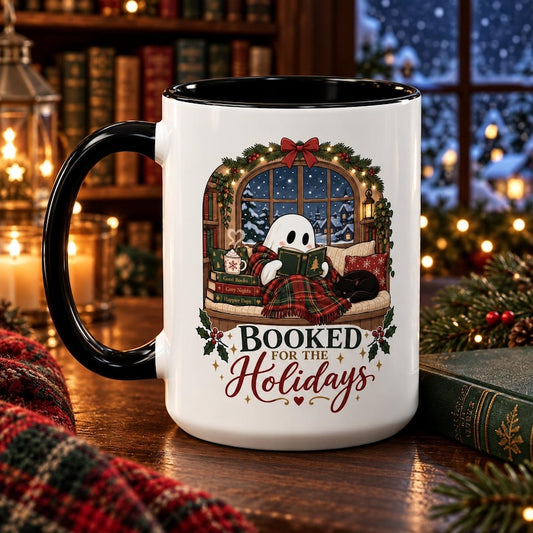 Booked for the holidays mug, christmas book lover coffee cup, ghost cat winter mug, cozy holiday reader gift, 11oz 15oz