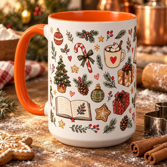 Christmas book lover mug, cozy holiday pattern coffee cup, hot cocoa winter mug, festive christmas accent mug, 11oz 15oz