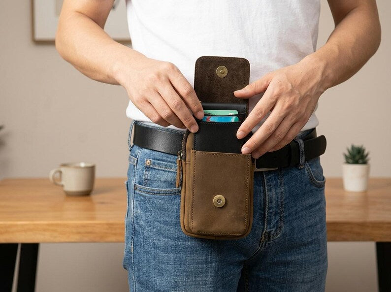 Leather Phone Pouch, Genuine Leather Belt Pouch, Phone Holster, Leather Waist Bag, Leather Belt Bag, Phone Belt Holder, Leather Hip Pouch