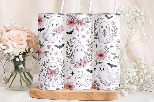 Floral Ghost Tumbler, Spooky Season 20oz 30oz Tumbler, Autumn Fall Coffee Cup