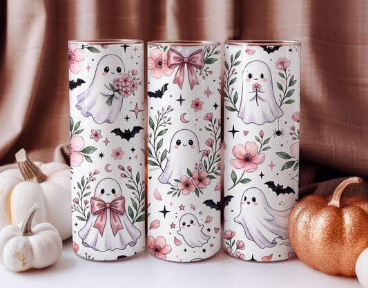 Floral Ghost Tumbler, Spooky Season 20oz 30oz Tumbler, Autumn Fall Coffee Cup