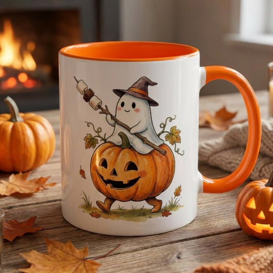 Cute Ghost Riding Pumpkin Mug, Funny Halloween Coffee Cup, Spooky Season Gift For Her, Ghost S'mores Halloween Mug, Cute Halloween Gift