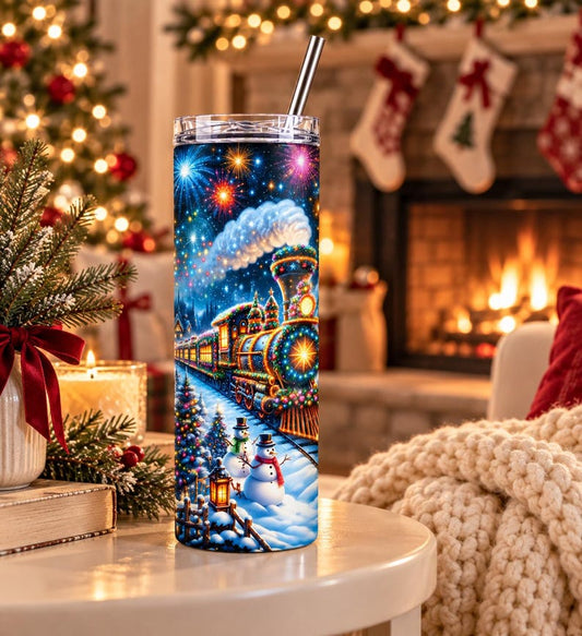 Christmas Train Tumbler, 20 oz Skinny Cup, Snowman Scene