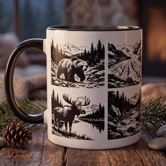 Alaska Wildlife Mug, Bear Moose Eagle Caribou Coffee Mug, National Park Gift, Nature Lover Gift, Outdoorsy Cabin Mug