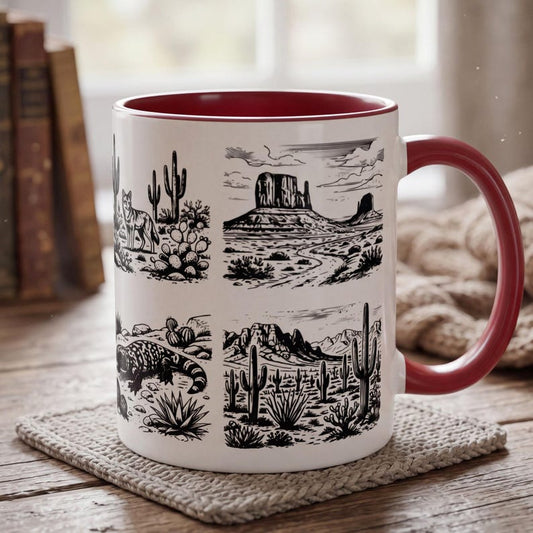 Arizona Nature Mug, Wildlife Sketch Coffee Mug, Bighorn Sheep Coyote Roadrunner Mug, Grand Canyon Gift, Hiker Gift, Southwest Cup