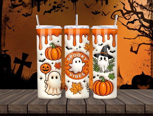 Spooky Vibes 20oz Skinny Tumbler, Ghost Pumpkin Halloween Cup (Sublimation Design)