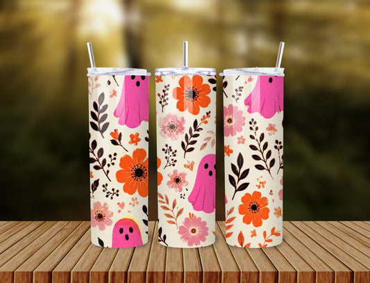 Pink Floral Ghost Tumbler, Retro Halloween 20oz Cup, Sublimation Design