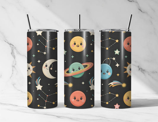 20oz Stainless Steel Space Tumbler, Smiling Planets, Stars, Moon (Sublimation Design)