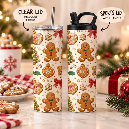 Gingerbread Man Christmas Tumbler, 20oz Holiday Drinkware, Festive Cookie Pattern